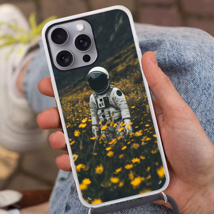Astronaut - Bloemen - Veld - Geel Hoesje iPhone 16 Pro Max met koord klein -sfeer3