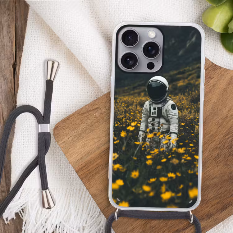 Astronaut - Bloemen - Veld - Geel Hoesje iPhone 16 Pro Max met koord klein -sfeer4