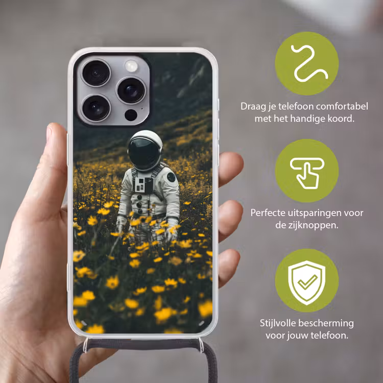 Astronaut - Bloemen - Veld - Geel Hoesje iPhone 16 Pro Max met koord klein -sfeer2_NL