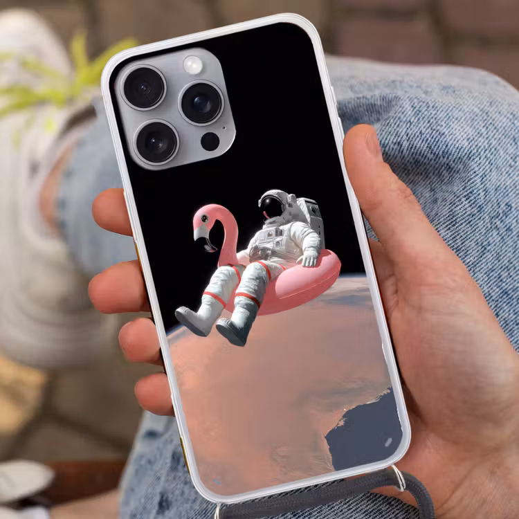 Astronaut - Flamingo - Zwemband - Roze Hoesje iPhone 16 Pro Max met koord klein -sfeer3
