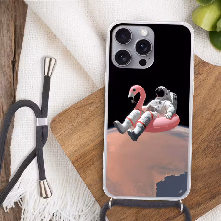 Astronaut - Flamingo - Zwemband - Roze Hoesje iPhone 16 Pro Max met koord klein -sfeer4
