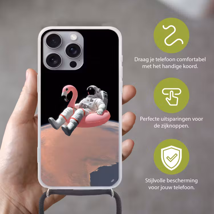 Astronaut - Flamingo - Zwemband - Roze Hoesje iPhone 16 Pro Max met koord klein -sfeer2_NL