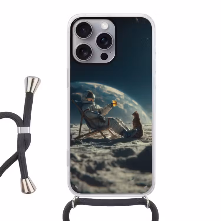 Astronaut - Kat - Glas - Stoel Hoesje iPhone 16 Pro Max met koord klein -3d