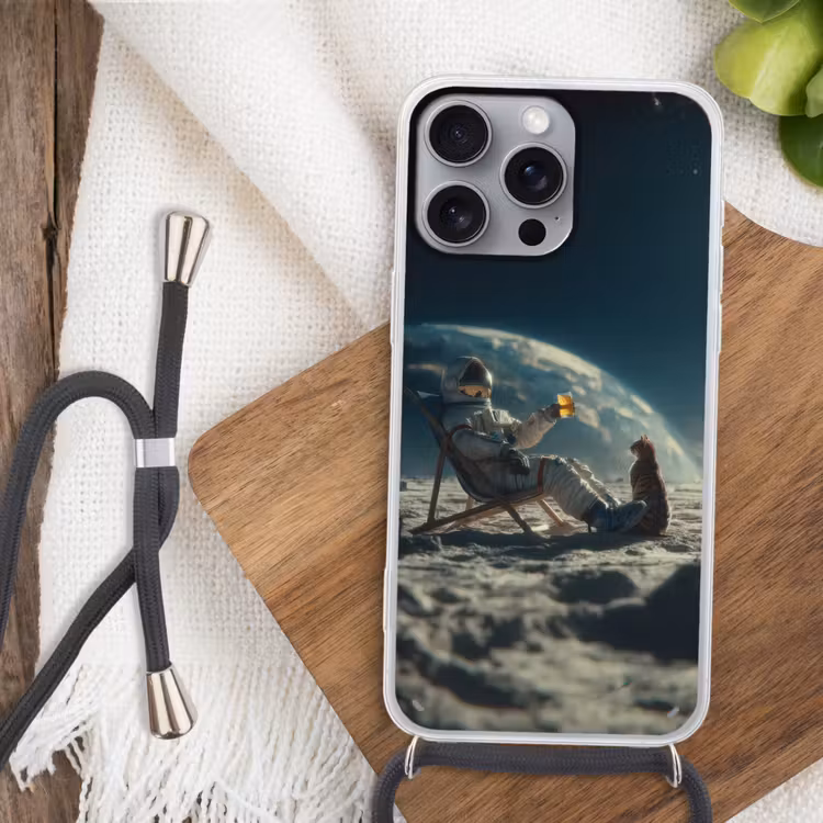 Astronaut - Kat - Glas - Stoel Hoesje iPhone 16 Pro Max met koord klein -sfeer4