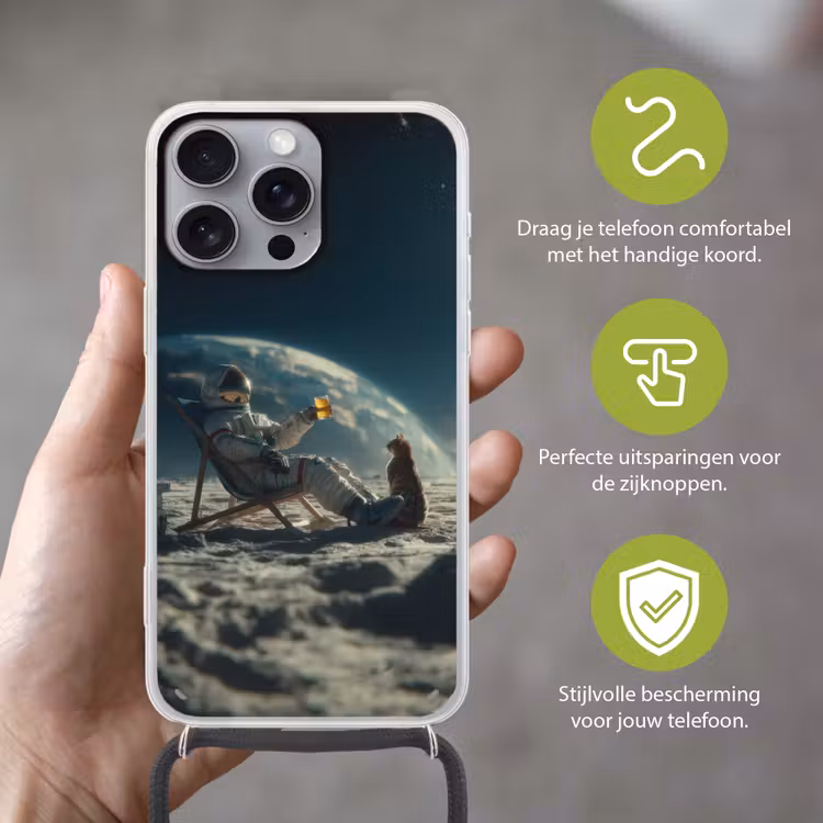 Astronaut - Kat - Glas - Stoel Hoesje iPhone 16 Pro Max met koord klein -sfeer2_NL