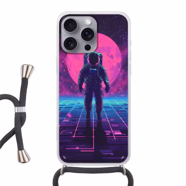 Astronaut - Maan - Roze - Sterrennevels Hoesje iPhone 16 Pro Max met koord klein -3d