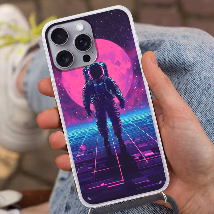 Astronaut - Maan - Roze - Sterrennevels Hoesje iPhone 16 Pro Max met koord klein -sfeer3