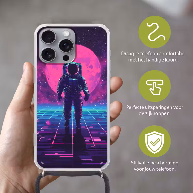 Astronaut - Maan - Roze - Sterrennevels Hoesje iPhone 16 Pro Max met koord klein -sfeer2_NL