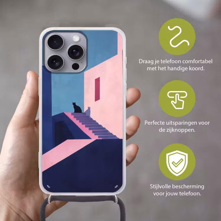 Astronaut - Neon - Roze - Wolken Hoesje iPhone 16 Pro Max met koord klein -sfeer2_NL