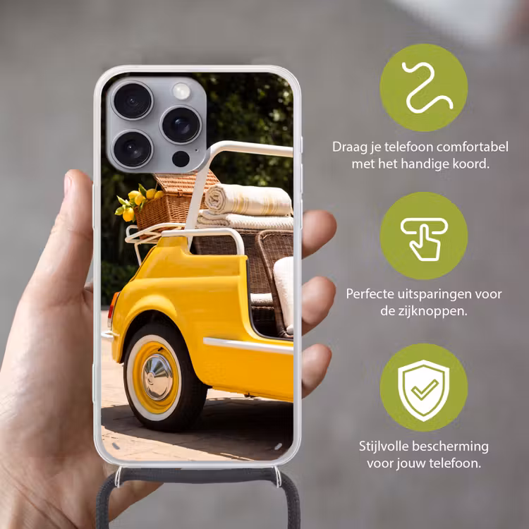 Auto - Picknick - Zomer - Geel Hoesje iPhone 16 Pro Max met koord klein -sfeer2_NL