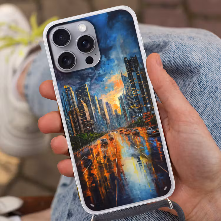Auto - Skyline - Zon - Blauw Hoesje iPhone 16 Pro Max met koord klein -sfeer3