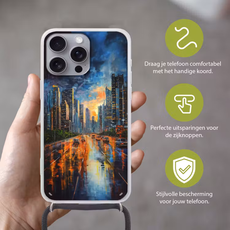 Auto - Skyline - Zon - Blauw Hoesje iPhone 16 Pro Max met koord klein -sfeer2_NL
