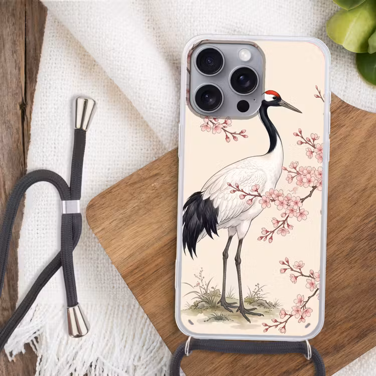 Aziatisch - Kraanvogel - Beige Hoesje iPhone 16 Pro Max met koord klein -sfeer4