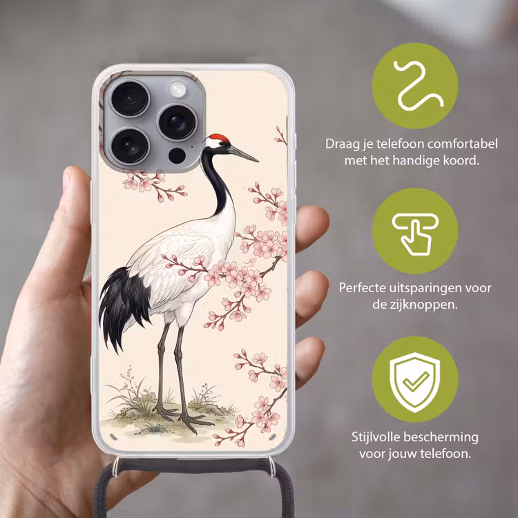 Aziatisch - Kraanvogel - Beige Hoesje iPhone 16 Pro Max met koord klein -sfeer2_NL