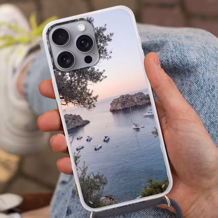 Telefoonhoesje met koord - Baai - boten - zonsondergang - Baai - boten - zonsondergang Hoesje iPhone 16 Pro Max met koord klein