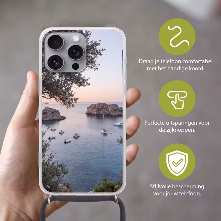 Telefoonhoesje met koord - Baai - boten - zonsondergang - Baai - boten - zonsondergang Hoesje iPhone 16 Pro Max met koord klein