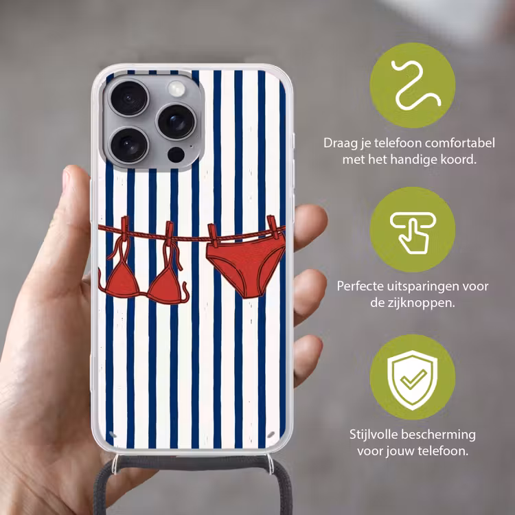 Badkleding - Waslijn - Zomer - Illustratie - Rood Hoesje iPhone 16 Pro Max met koord klein -sfeer2_NL