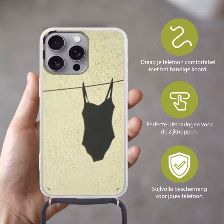 Badpak - Schaduw - Muur - Zomer - Minimalistisch Hoesje iPhone 16 Pro Max met koord klein -sfeer2_NL