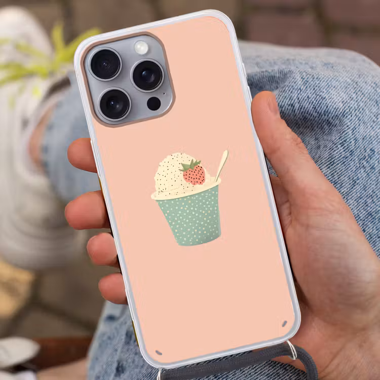 Bakje - Ijs - Aardbei - Roze Hoesje iPhone 16 Pro Max met koord klein -sfeer3