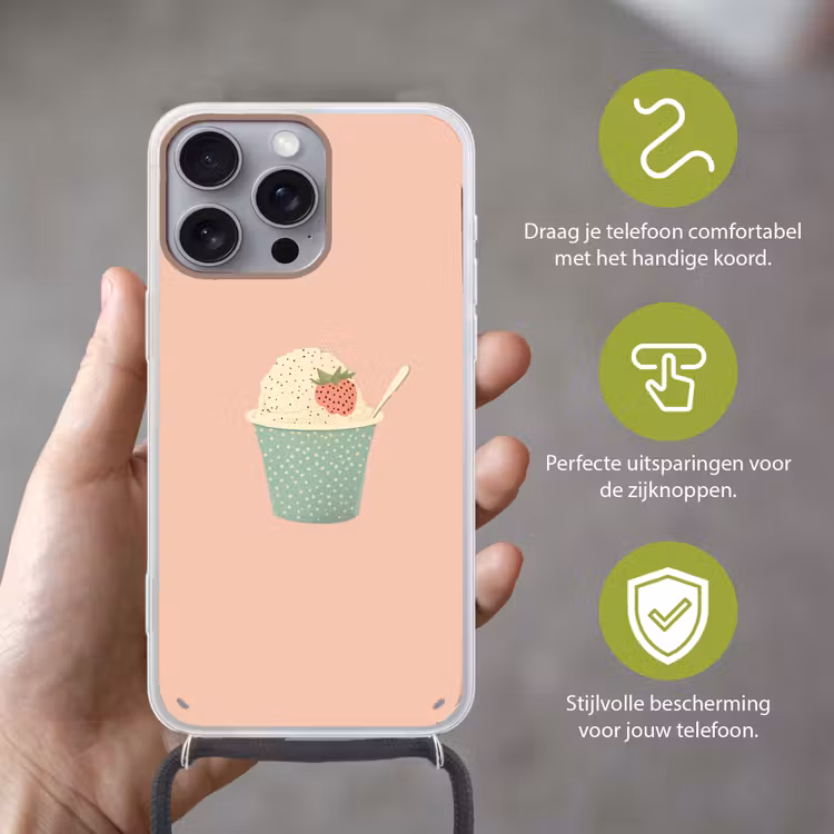 Bakje - Ijs - Aardbei - Roze Hoesje iPhone 16 Pro Max met koord klein -sfeer2_NL