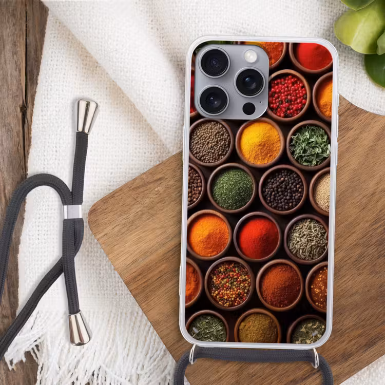 Bakjes - Hout - Kruiden - Kleurrijk Hoesje iPhone 16 Pro Max met koord klein -sfeer4