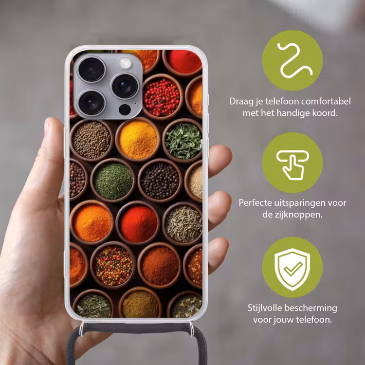 Bakjes - Hout - Kruiden - Kleurrijk Hoesje iPhone 16 Pro Max met koord klein -sfeer2_NL