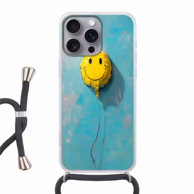 Ballon - Geel - Smiley Hoesje iPhone 16 Pro Max met koord klein -3d