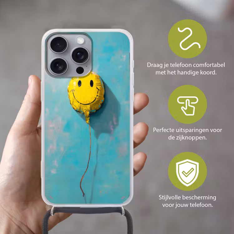 Ballon - Geel - Smiley Hoesje iPhone 16 Pro Max met koord klein -sfeer2_NL