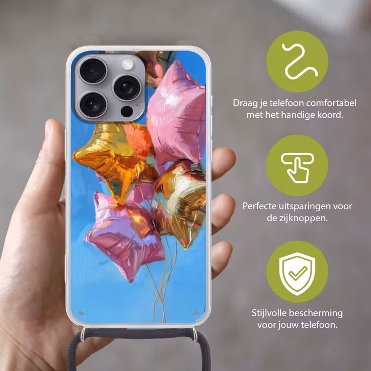 Ballonnen - Goud - Stervorm - Roze Hoesje iPhone 16 Pro Max met koord klein -sfeer2_NL