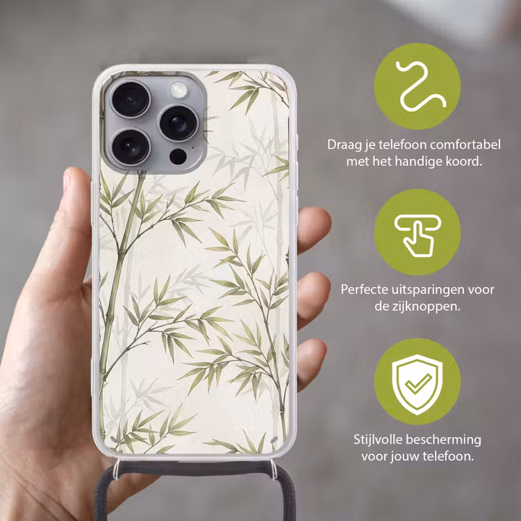Bamboe - Bladeren - Natuur - Aquarel - Groen Hoesje iPhone 16 Pro Max met koord klein -sfeer2_NL