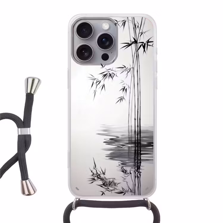 Bamboestammen - Water - Minimalistisch - Wit Hoesje iPhone 16 Pro Max met koord klein -3d