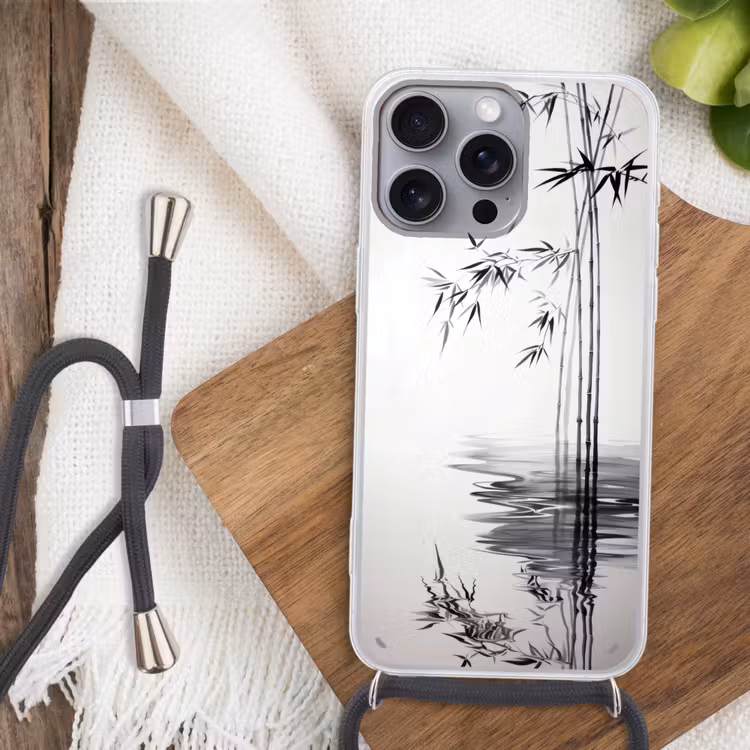 Bamboestammen - Water - Minimalistisch - Wit Hoesje iPhone 16 Pro Max met koord klein -sfeer4