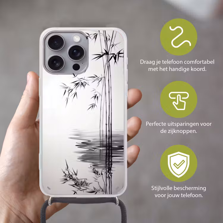 Bamboestammen - Water - Minimalistisch - Wit Hoesje iPhone 16 Pro Max met koord klein -sfeer2_NL