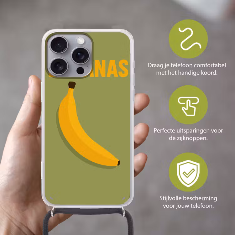 Banaan - Minimalistisch - Geel Hoesje iPhone 16 Pro Max met koord klein -sfeer2_NL
