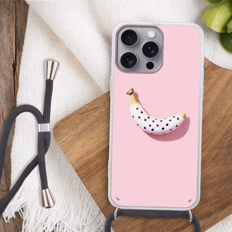 Banaan - Stippen - roze Hoesje iPhone 16 Pro Max met koord klein -sfeer4