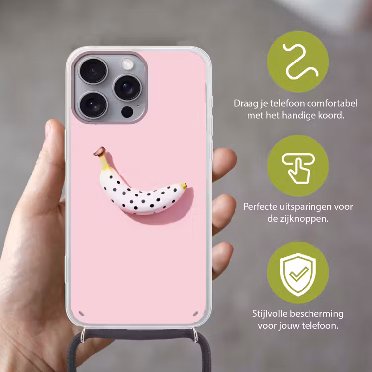 Banaan - Stippen - roze Hoesje iPhone 16 Pro Max met koord klein -sfeer2_NL