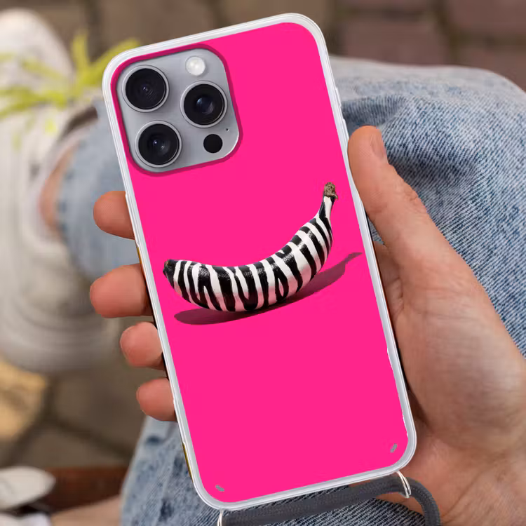 Banaan - Zebraprint - Roze Hoesje iPhone 16 Pro Max met koord klein -sfeer3