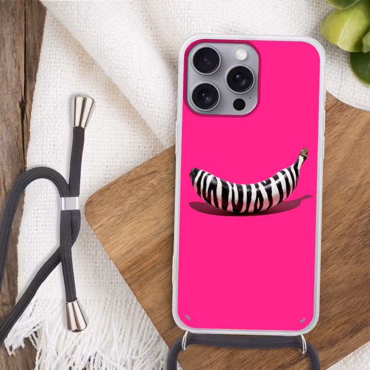 Banaan - Zebraprint - Roze Hoesje iPhone 16 Pro Max met koord klein -sfeer4