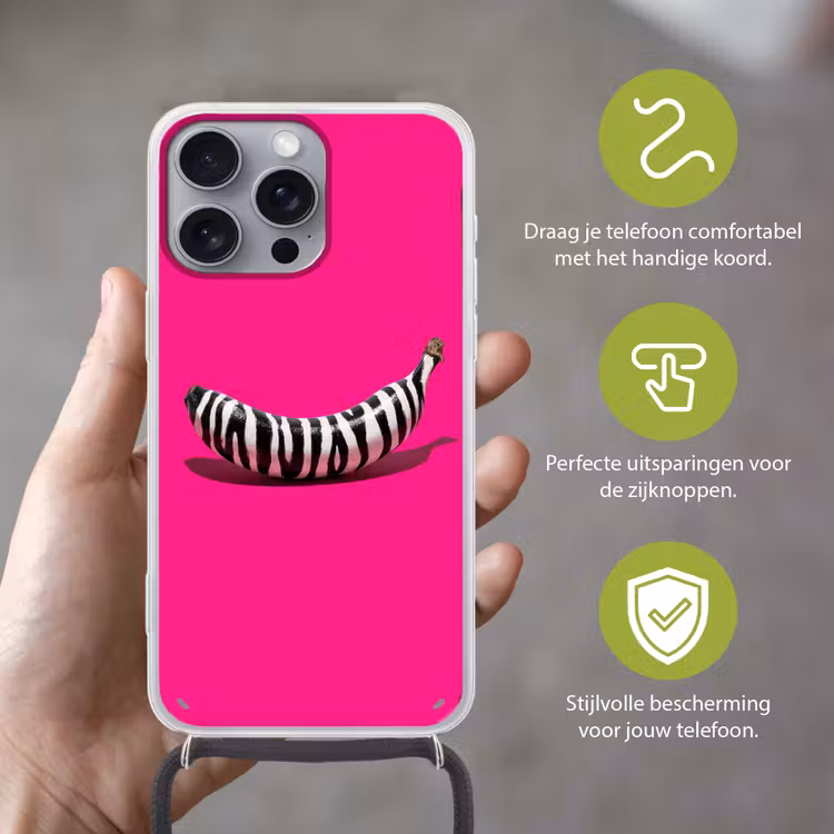 Banaan - Zebraprint - Roze Hoesje iPhone 16 Pro Max met koord klein -sfeer2_NL