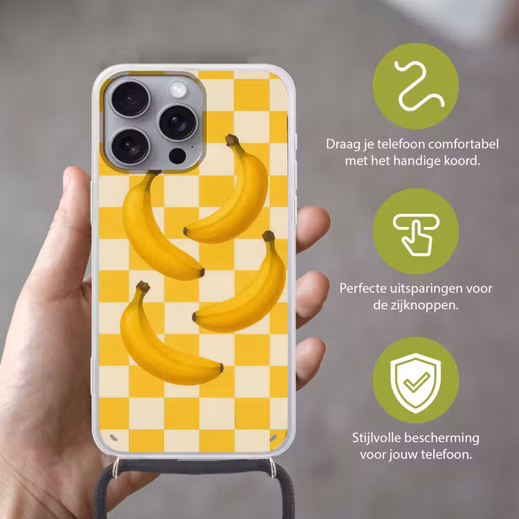 Bananen - Geel - Geblokt Hoesje iPhone 16 Pro Max met koord klein -sfeer2_NL