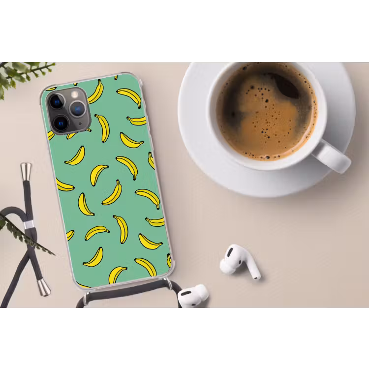 Bananen - Geel - Groen - Print Hoesje iPhone 12 Pro met koord klein -oordop