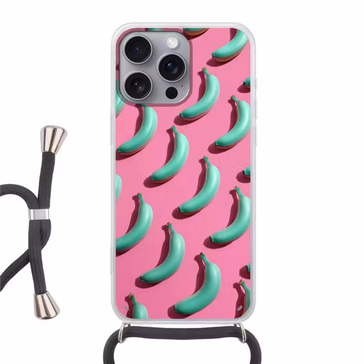Bananen - Patroon - Blauw - Roze Hoesje iPhone 16 Pro Max met koord klein -3d