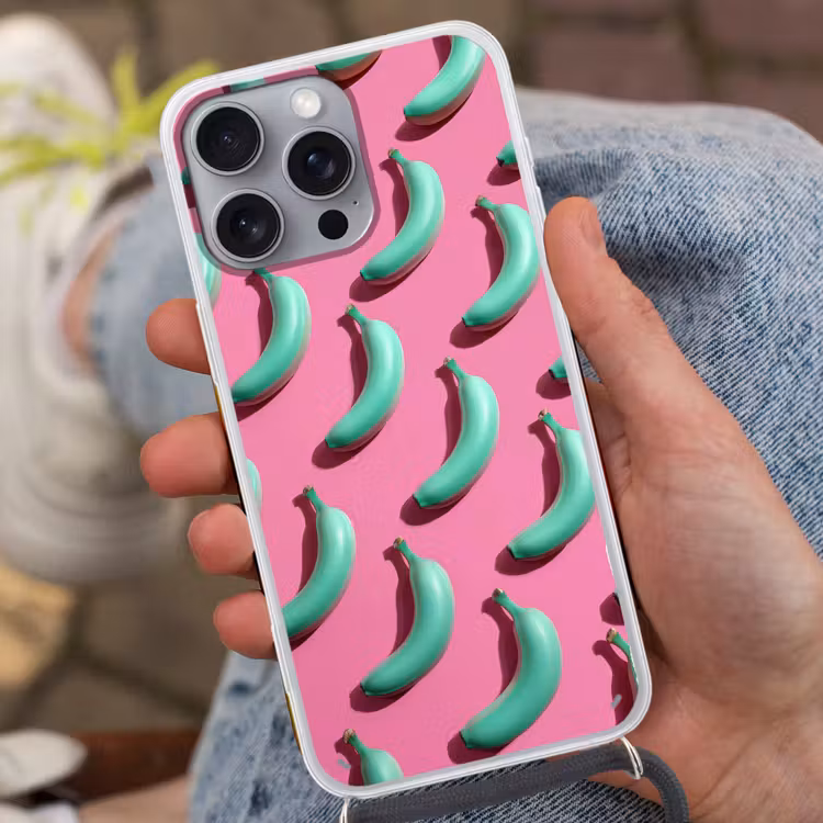 Bananen - Patroon - Blauw - Roze Hoesje iPhone 16 Pro Max met koord klein -sfeer3