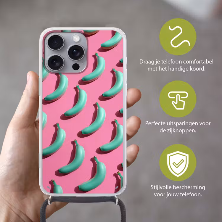 Bananen - Patroon - Blauw - Roze Hoesje iPhone 16 Pro Max met koord klein -sfeer2_NL