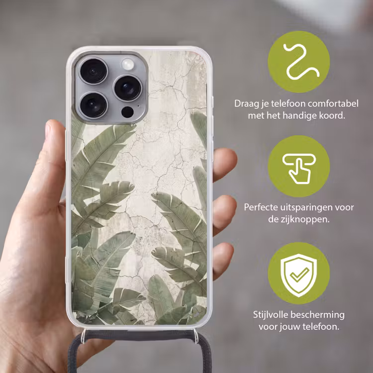 Bananenbladeren - Beton - Groen Hoesje iPhone 16 Pro Max met koord klein -sfeer2_NL