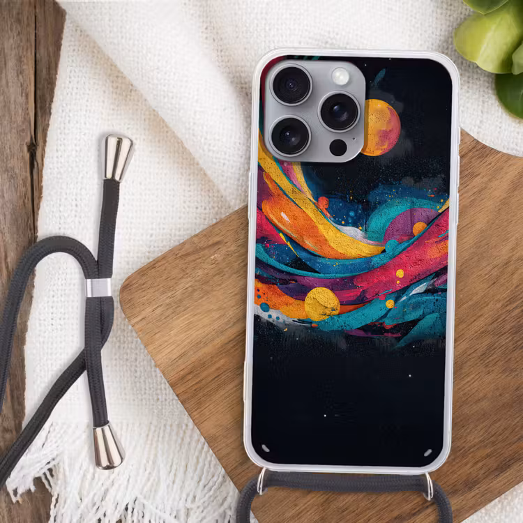 Banen - Golven - Kleurrijk - Abstract Hoesje iPhone 16 Pro Max met koord klein -sfeer4