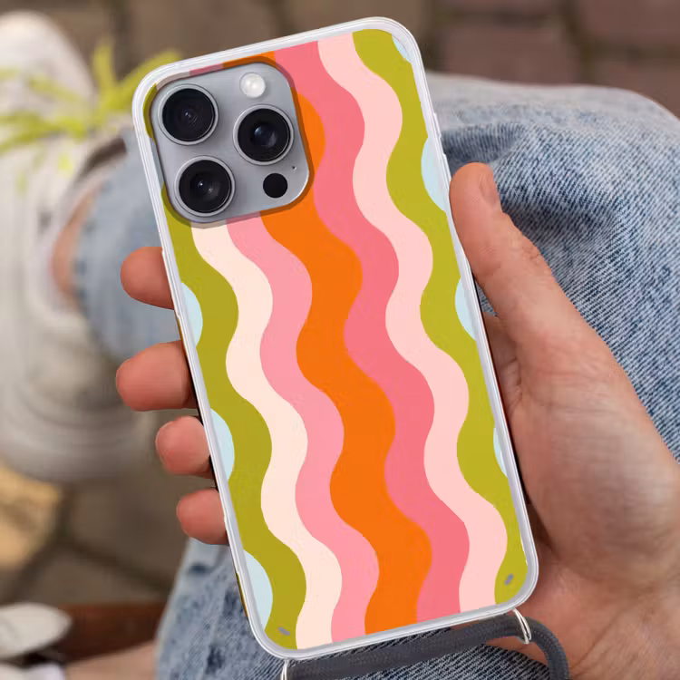 Banen - Golven - Kleurrijk - Verticaal Hoesje iPhone 16 Pro Max met koord klein -sfeer3