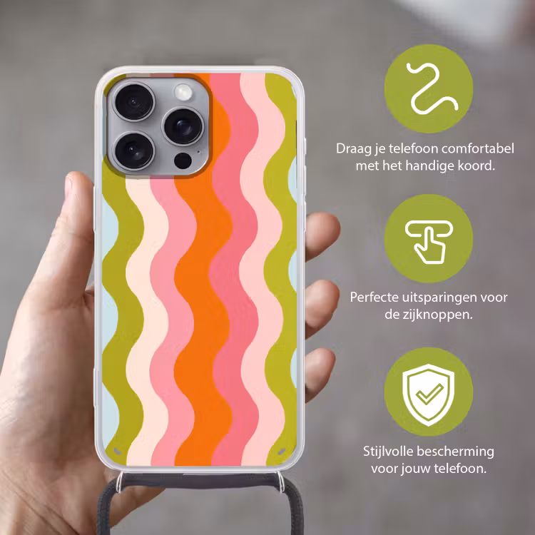 Banen - Golven - Kleurrijk - Verticaal Hoesje iPhone 16 Pro Max met koord klein -sfeer2_NL