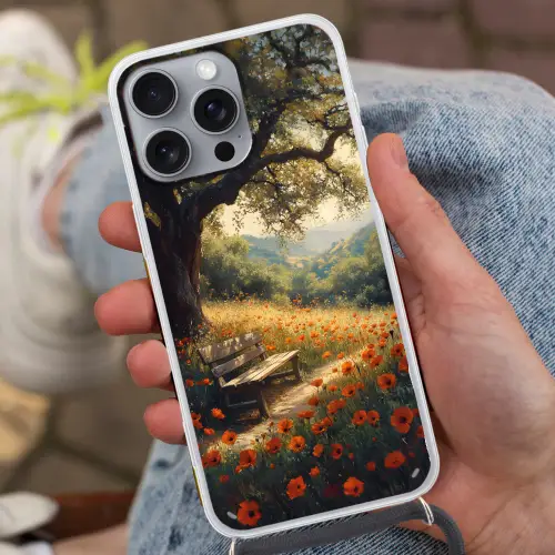 Bankje - Boom - Klaprozen - Heuvels Hoesje iPhone 16 Pro Max met koord klein -sfeer3