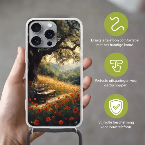Bankje - Boom - Klaprozen - Heuvels Hoesje iPhone 16 Pro Max met koord klein -sfeer2_NL